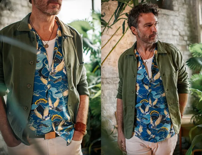 &SONS Tops-Aloha Crane Club Shirt Blue