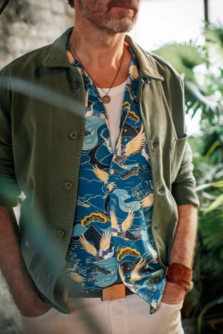 &SONS Tops-Aloha Crane Club Shirt Blue