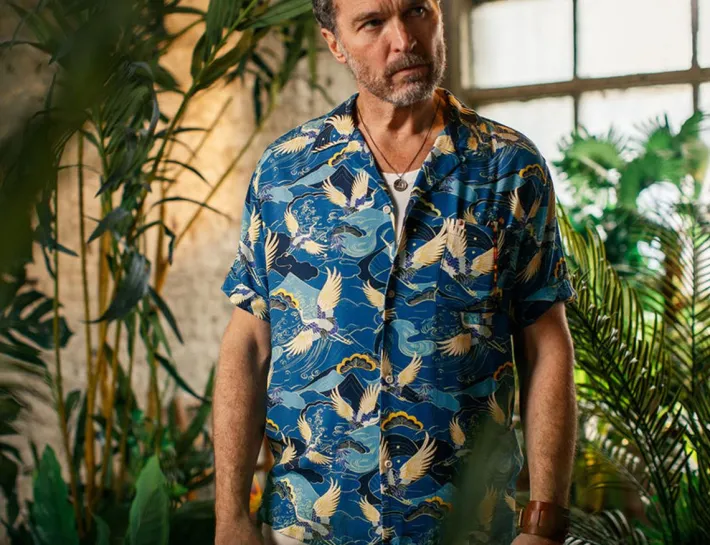&SONS Tops-Aloha Crane Club Shirt Blue