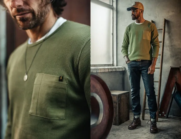 &SONS Tops-Glen Pocket Waffle Crew Surplus Green